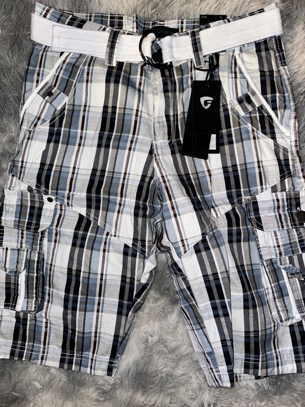 Fried Denim Men's Cargo Shorts - Plaid in White, Light Blue, Navy, Brown NWT